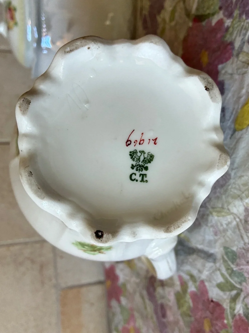 Antique Chocolate Pot Green Floral Gold Trim